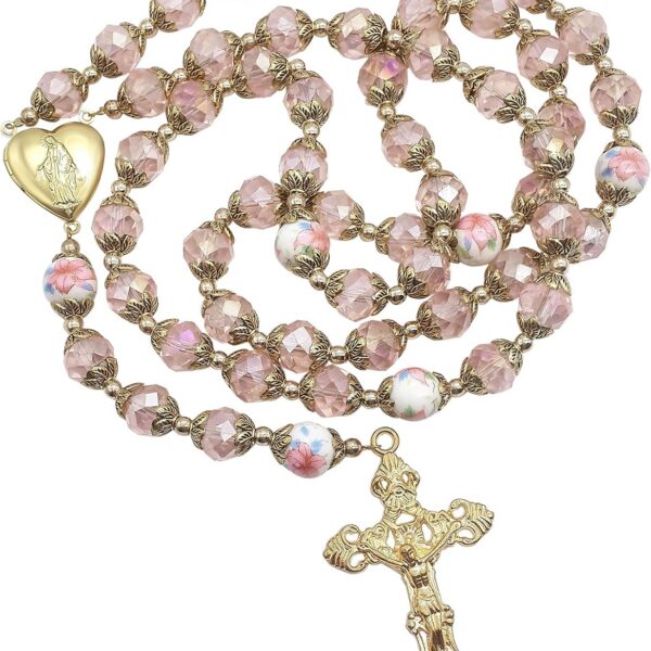 Nazareth Store Terço Católico Rosa com Medalha de Santa Maria e Cruz Dourada