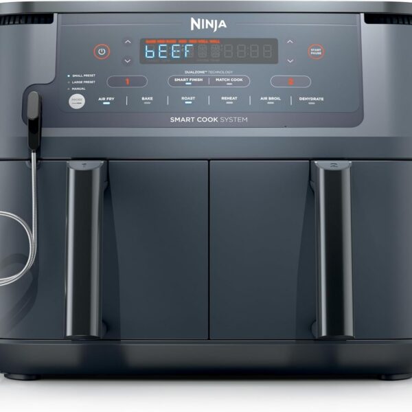 Ninja Air Fryer com termômetro inteligente: cozinhe no ponto certo, em menos óleo, com 2 cestas e 10 em 1 para refeições rápidas.