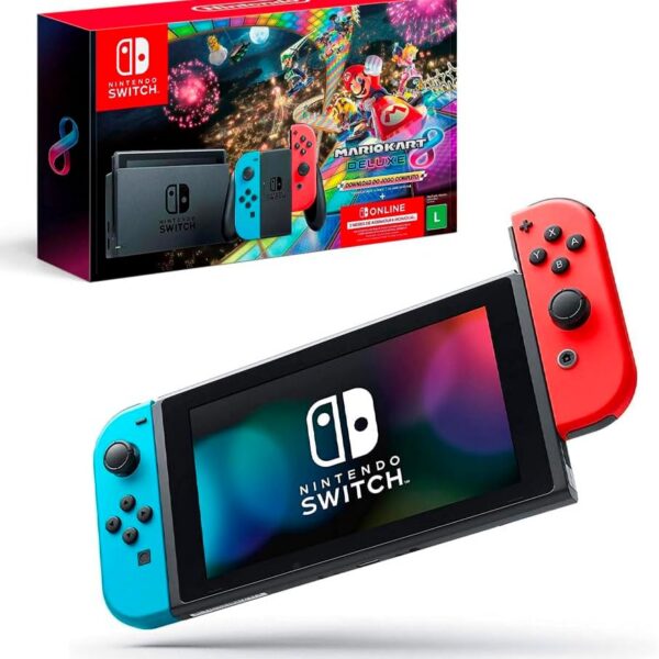 Nintendo Switch com Mario Kart 8 Deluxe e 3 meses online: jogue no modo portátil ou TV com até 9 horas de bateria.