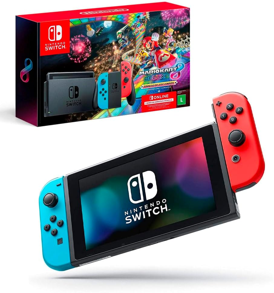 Nintendo Switch com Mario Kart 8 Deluxe e 3 meses Nintendo Switch com Mario Kart 8 Deluxe e 3 meses online: jogue no modo portátil ou TV com até 9 horas de bateria.