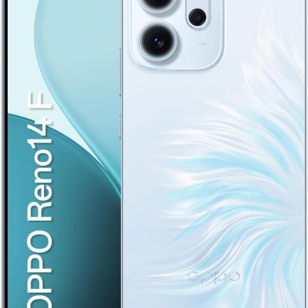OPPO Reno 14 F 5G 256GB com 12GB RAM, câmera 50MP, bateria 6000mAh e resistência IP69.
