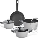 Oikos - Jogo com 4 Panelas Antiaderentes de Revestimento Cerâmico para Fogão por Indução, a Gás, Elétrico e Vitrocerâmico Cor Cinza Mou Trufa