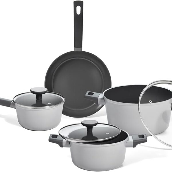 Oikos - Jogo com 4 Panelas Antiaderentes de Revestimento Cerâmico para Fogão por Indução, a Gás, Elétrico e Vitrocerâmico Cor Cinza Mou Trufa