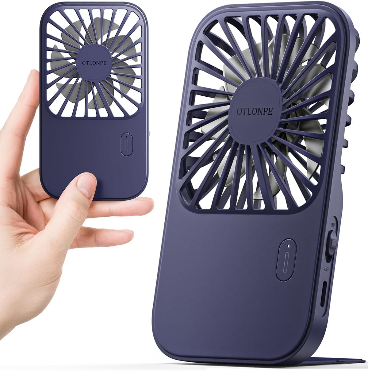 Otlonpe Mini ventilador portátil recarregável, pequeno ventilador portátil alimentado por Otlonpe Mini ventilador portátil recarregável, pequeno ventilador portátil alimentado por bateria pessoal para viagem de mesa portátil, suporte dobrável, fino sem fio, alça de pulso, 3 velocidades