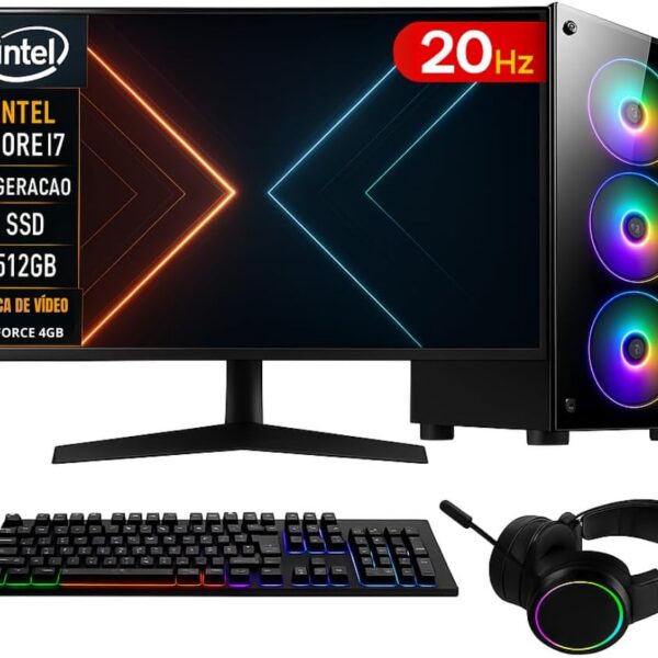 PC GAMER COMPLETO INTEL CORE I7 16GB RAM PLACA DE VIDEO GEFORCE 4GB SSD 512GB FONTE 500W - MONITOR 20'' 75HZ - KIT GAMER TECLADO/MOUSE/HEADSET/MOUSEPAD