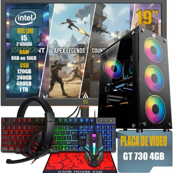 PC Gamer Completo Intel Core i5 3ª Geração, Opções 8GB/16GB RAM, SSD 120GB/240GB/480GB/ 1TB, Placa de Video GT 730 4GB, Windows 11, Monitor LED 19,Teclado e Mouse Gamer, HeadSet (GB, 16, GB, 480)