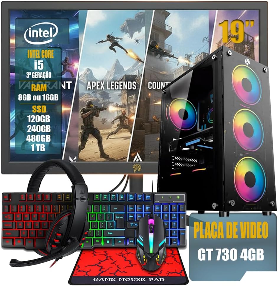 PC Gamer Completo Intel Core i5 3ª Geração, Opções 8GB/16GB PC Gamer Completo Intel Core i5 3ª Geração, Opções 8GB/16GB RAM, SSD 120GB/240GB/480GB/ 1TB, Placa de Video GT 730 4GB, Windows 11, Monitor LED 19,Teclado e Mouse Gamer, HeadSet (GB, 16, GB, 480)