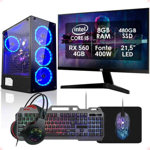 PC Gamer Completo Intel Core i5 com RX 560, 8GB RAM, SSD 480GB e monitor 21,5 para comprar com desempenho e praticidade.