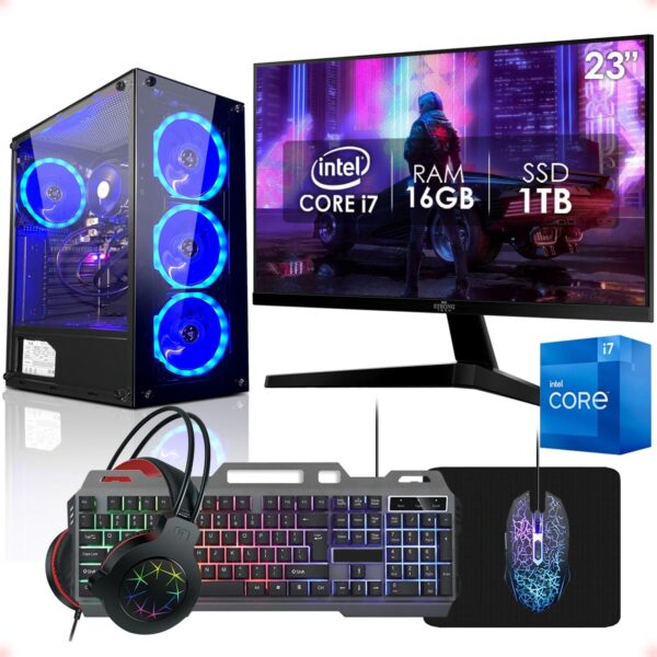 PC Gamer Completo Intel Core i7 16GB SSD 1TB com Monitor 23 e Kit Gamer, performance ideal para jogar e trabalhar.