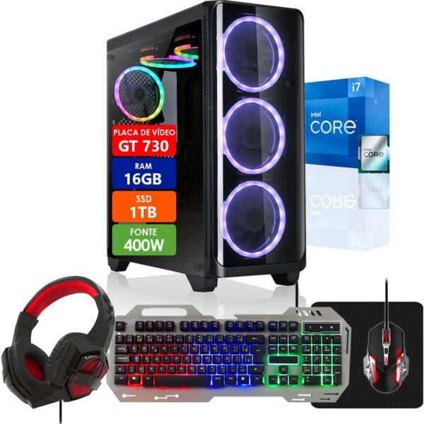 PC Gamer Intel Core i7 16GB SSD 1TB Placa de Vídeo Gt 730 2GB Com Kit Gamer Completo - Fonte 400W Real Strong Tech