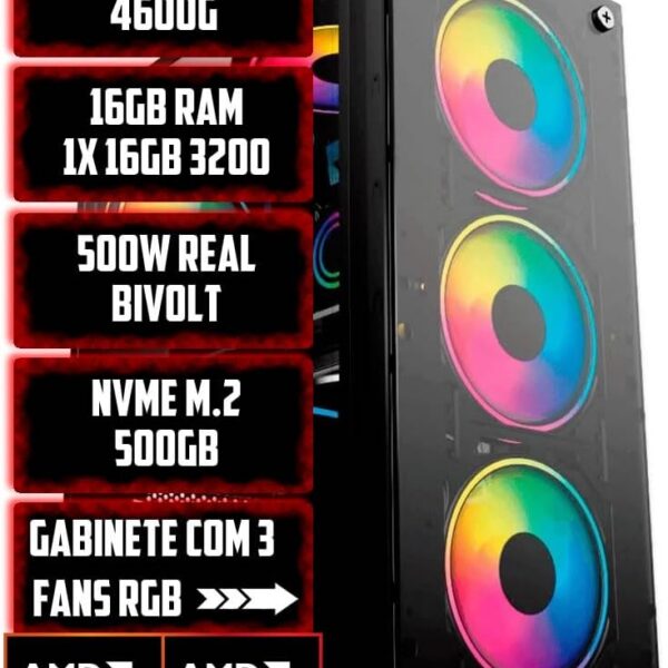 PC Gamer Ryzen 5 4600G 16GB e SSD NVMe 500GB: desempenho rápido, visual RGB e pronto para jogar.