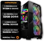 PC Gamer Ryzen 5 5600GT, 32GB DDR4 e SSD NVMe 500GB: desempenho rápido para jogos leves e multitarefa.