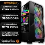 PC Gamer Ryzen 5 5600GT, 32GB DDR4 e SSD NVMe 500GB: desempenho rápido para jogos leves e multitarefa.