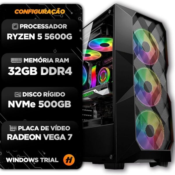 PC Gamer Ryzen 5 5600GT, 32GB DDR4 e SSD NVMe 500GB: desempenho rápido para jogos leves e multitarefa.