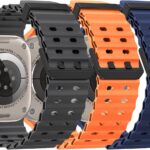 Pacote com 3 pulseiras esportivas de silicone macio para Apple Watch Ultra, conforto e respirabilidade em vários tamanhos.
