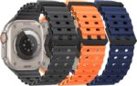 Pacote com 3 pulseiras esportivas de silicone macio para Apple Watch Ultra, conforto e respirabilidade em vários tamanhos.