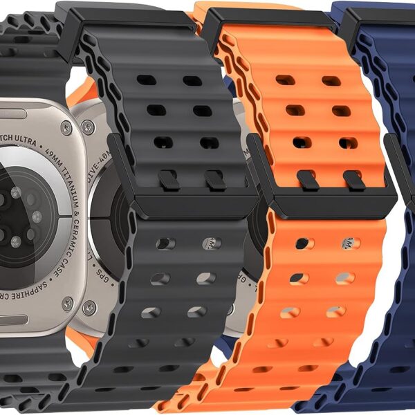 Pacote com 3 pulseiras esportivas de silicone macio para Apple Watch Ultra, conforto e respirabilidade em vários tamanhos.