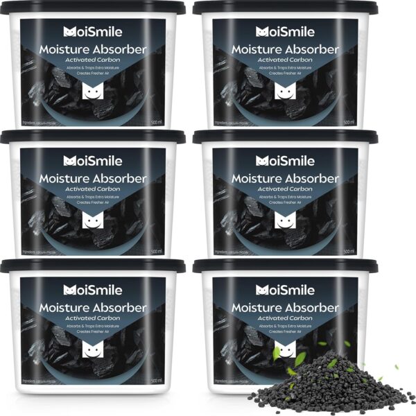 Pacote com 6 absorvedores de umidade Moismile: remove umidade e odores de armários, carros e porões com alta eficiência.