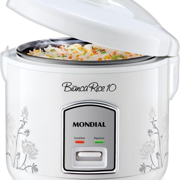 Panela Elétrica Mondial Bianca Rice 10: 10 xícaras, mantém o arroz quente por até 8h e prepara várias receitas.