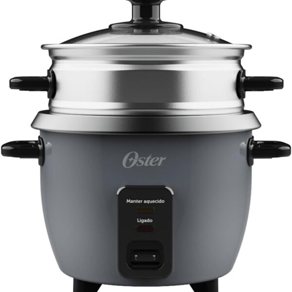 Panela Elétrica de Arroz 0,6L Oster Grafite 220v: prática, compacta e com manter aquecido para o arroz sempre no ponto.