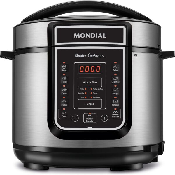 Panela de Pressão Digital Mondial 5L com 14 funções, design inox e preparo seguro para receitas práticas e saborosas