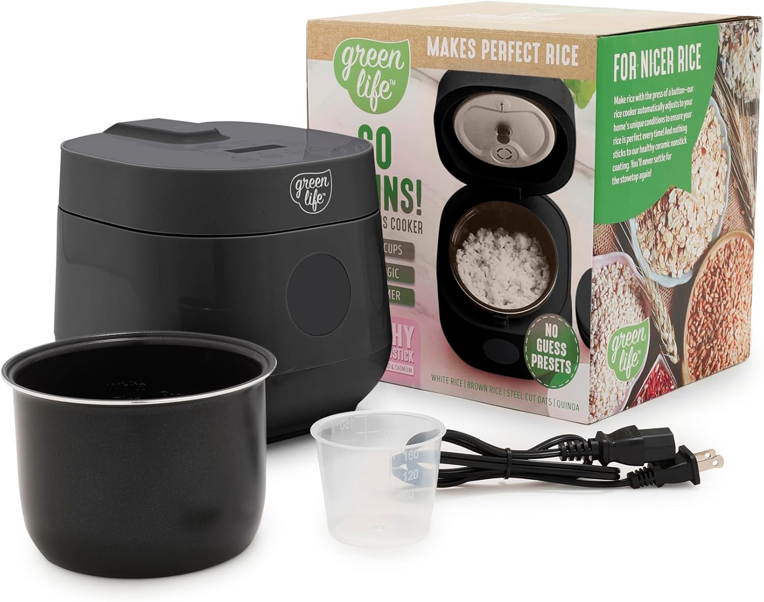 Panela de arroz GreenLife 4 xícaras, antiaderente sem PFAS, predefinições Panela de arroz GreenLife 4 xícaras, antiaderente sem PFAS, predefinições para arroz, quinoa e aveia, fácil de limpar