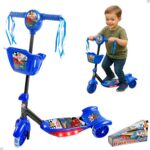 Patinete 3 Rodas Infantil Azul com Luzes e Sons, cesta e freio traseiro, suporta até 35kg.