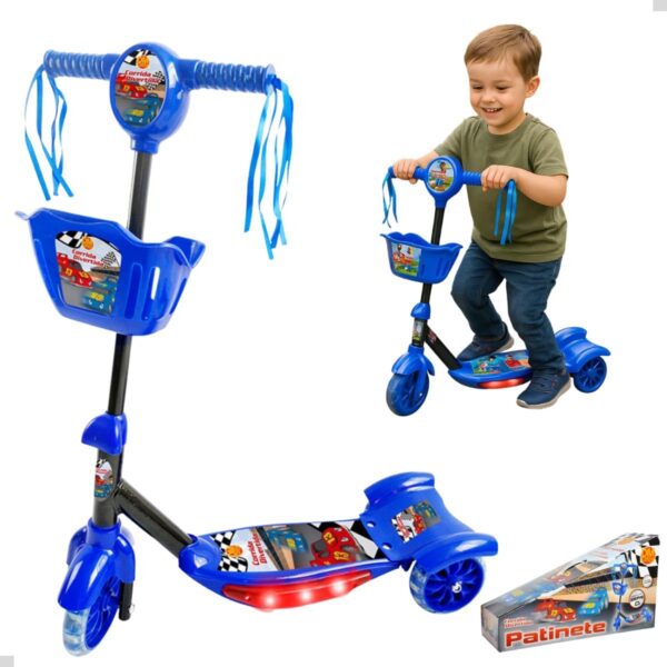 Patinete 3 Rodas Infantil Azul com Luzes e Sons, cesta e freio traseiro, suporta até 35kg.