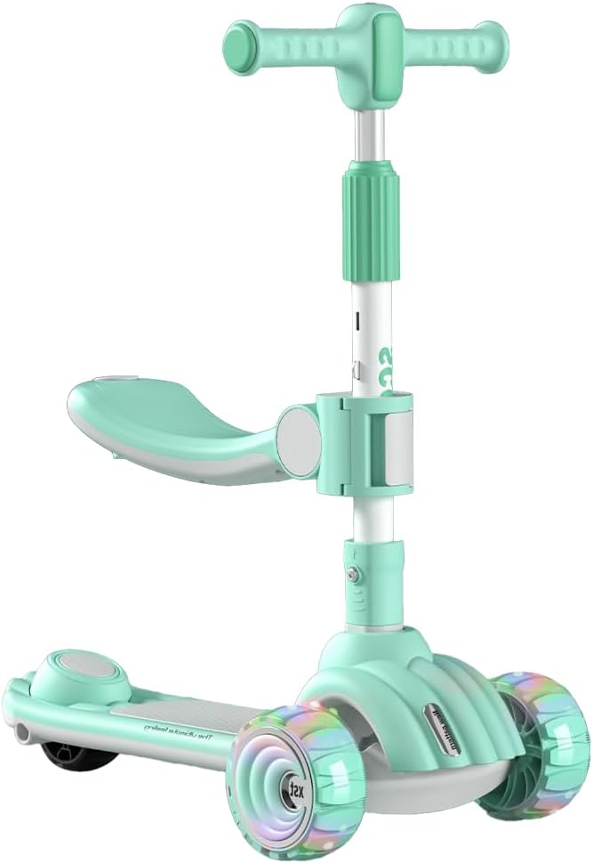 Patinete Infantil 2 em 1 Velorad Kids Z-Rader Verde com Patinete Infantil 2 em 1 Velorad Kids Z-Rader Verde com assento, luzes LED e música para diversão e segurança de 1 a 5 anos.