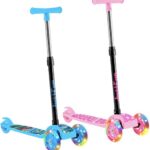 Patinete Infantil 3 Rodas Dobrável Rosa com LED e altura regulável para crianças, seguro e divertido