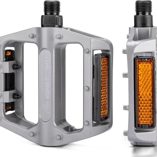 Pedais MTB 24 mm com refletores, plataforma larga em liga de alumínio leve e alta aderência para bike, BMX e estrada
