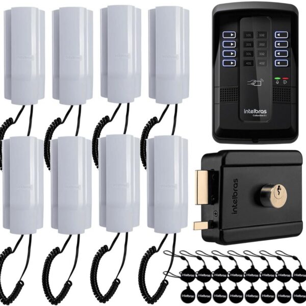 Porteiro Eletrônico Coletivo Intelbras 8i com 8 ramais, fechadura FX 500 e 16 chaveiros RFID para segurança e praticidade.