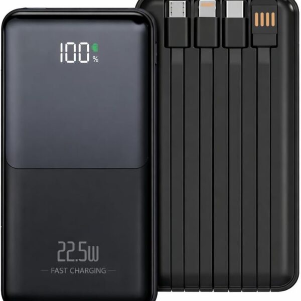 Power Bank 10000mAh 22.5W com Cabo Integrado e Display Digital: carregamento rápido para iPhone e Android com máxima praticidade.