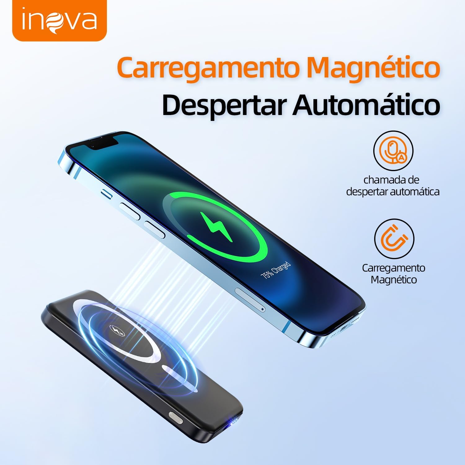 Power Bank 10000mAh com Caregamento por inducǎo, Carregador Sem Fio Portátil Magnético com Cabo Tipo-C 20W PD Carregamento Rápido, Compativel com Celulares ioS e Android (Preto, Amperes Horas, 10000) - Imagem 2