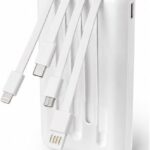 Power Bank 20000mAh Branco com Cabos Integrados e Carregamento Rápido para Celular Android e iOS