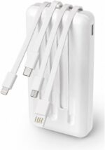Power Bank 20000mAh Branco com Cabos Integrados e Carregamento Rápido para Celular Android e iOS