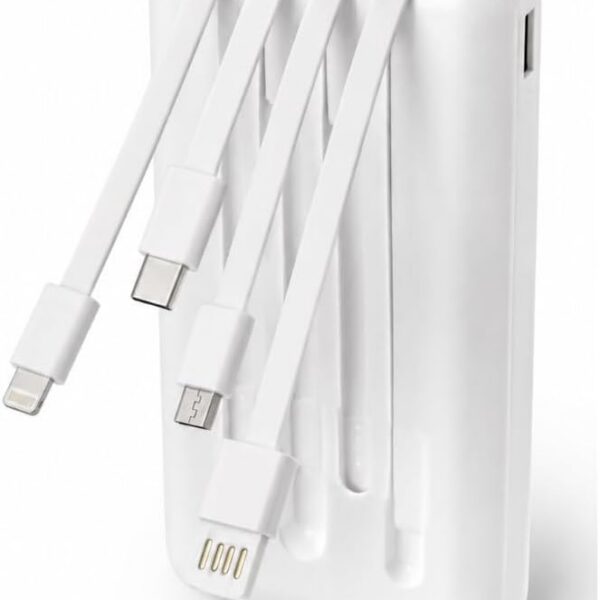 Power Bank 20000mAh Branco com Cabos Integrados e Carregamento Rápido para Celular Android e iOS