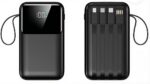 Power Bank 20000mAh Carregador Portátil Rápido 22.5W com 4 Cabos Integrados (USB-C, Micro-USB, V8, Light) Bateria Externa com Display LED, 4 Saídas Simultâneas (Preto)