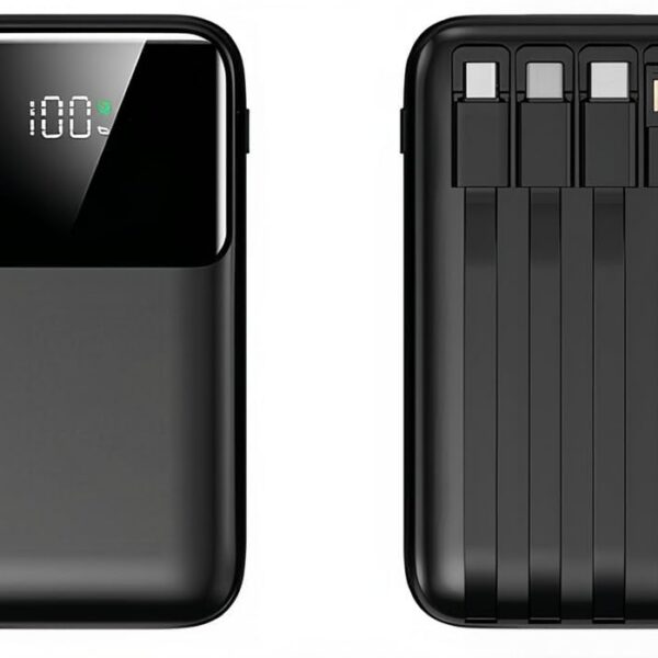 Power Bank 20000mAh Carregador Portátil Rápido 22.5W com 4 Cabos Integrados (USB-C, Micro-USB, V8, Light) Bateria Externa com Display LED, 4 Saídas Simultâneas (Preto)