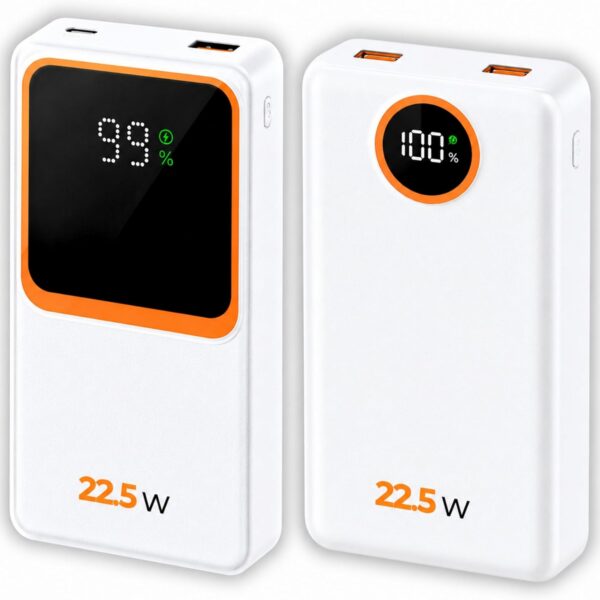 Power Bank 20000mAh Turbo 22.5W: carga ultra rápida, visor LED e 2 saídas para Android e iOS.
