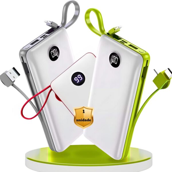 Power Bank 20000mAh com cabos premium: carregamento rápido e universal para celular, tablet e acessórios.