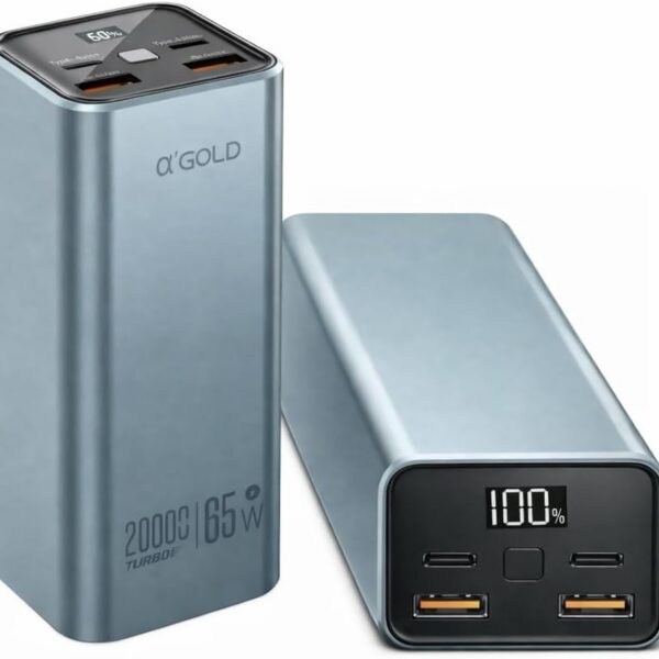 Power Bank A'Gold BTE-92 20000mAh 65W: carga turbo, 4 saídas e visor digital para iPhone, Samsung, Dell e Xiaomi.