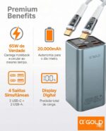 Power Bank A'Gold BTE-92 20000mAh 65W para notebook com 4 saídas, visor digital e 2 cabos USB-C. - Imagem 2