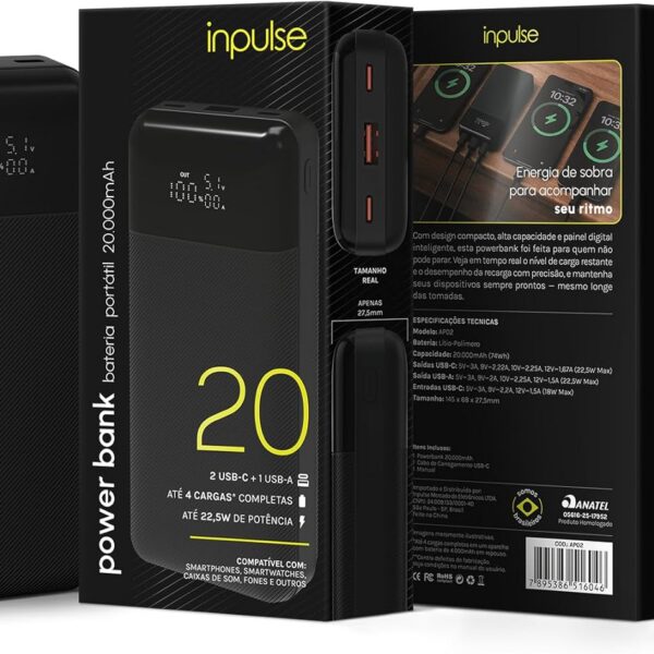 Power Bank Bateria Portátil 20.000mAh AP02: carga rápida, painel digital e autonomia para manter seus dispositivos sempre prontos.