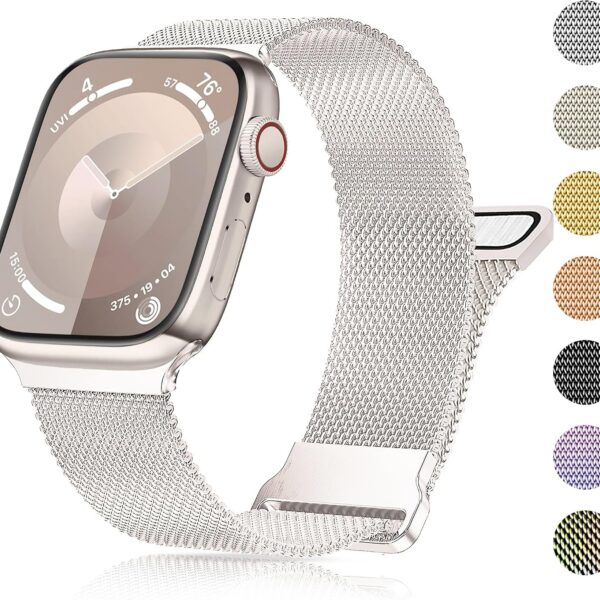 Pulseira Apple Watch em aço inoxidável: elegante, resistente e compatível com 38mm a 49mm.