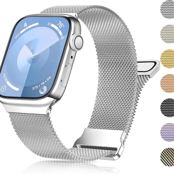Pulseira Apple Watch em malha de aço inoxidável, compatível com 38mm a 49mm, ajuste elegante e seguro