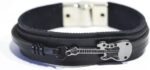 Pulseira Couro Masculina Guitarra Música em couro preto, estilo marcante e ajuste em 4 tamanhos para compor o visual masculino.