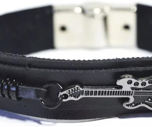 Pulseira Couro Masculina Guitarra Música em couro preto, estilo marcante e ajuste em 4 tamanhos para compor o visual masculino.