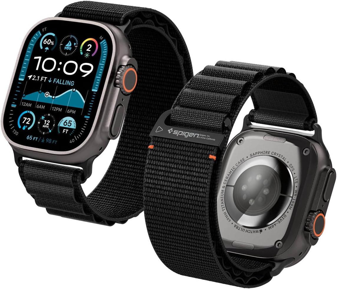 Pulseira Spigen WBF1 preta para Apple Watch, confortável e compatível Pulseira Spigen WBF1 preta para Apple Watch, confortável e compatível com vários modelos 49mm a 42mm