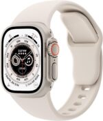 Pulseira de silicone macio compatível com Apple Watch, confortável, resistente à água e ideal para uso esportivo diário.